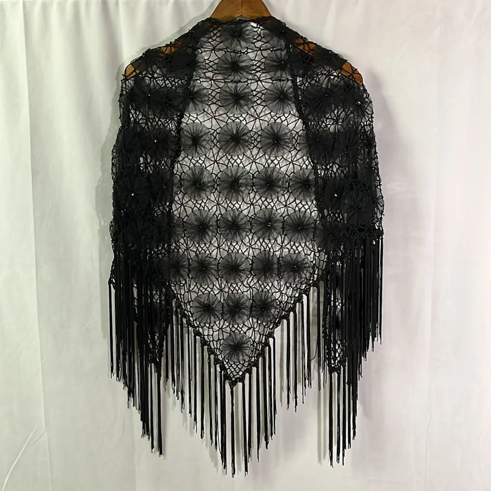 Black Crochet Beaded Floral Fringe Shawl - Picture 2 of 15